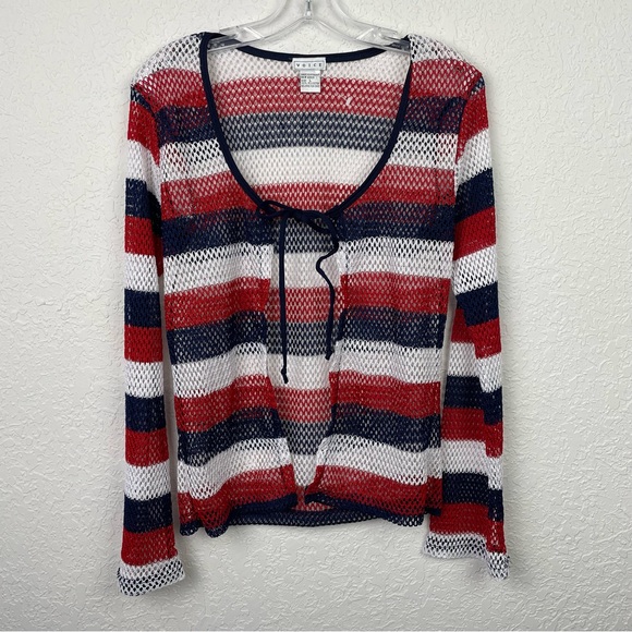 VOICE Red White Blue Striped Open Front Tie Front Longsleeve Cardigan Net Top - Picture 2 of 8
